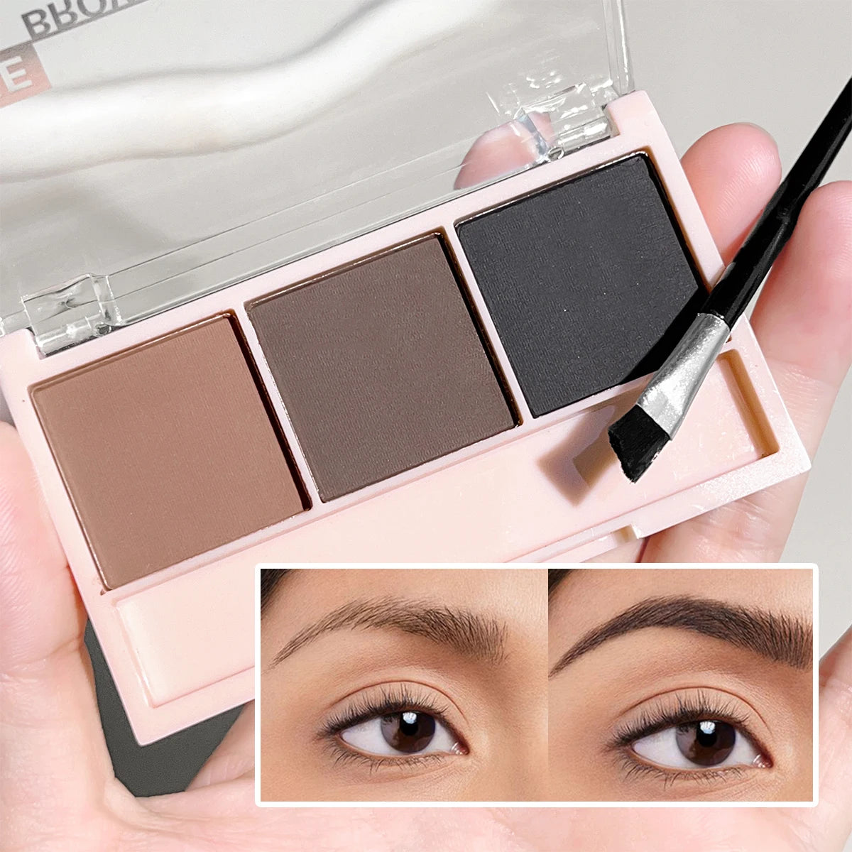 Kit de Sombra para Sobrancelhas 3 Cores com Pincel – Definição Natural e de Longa Duração