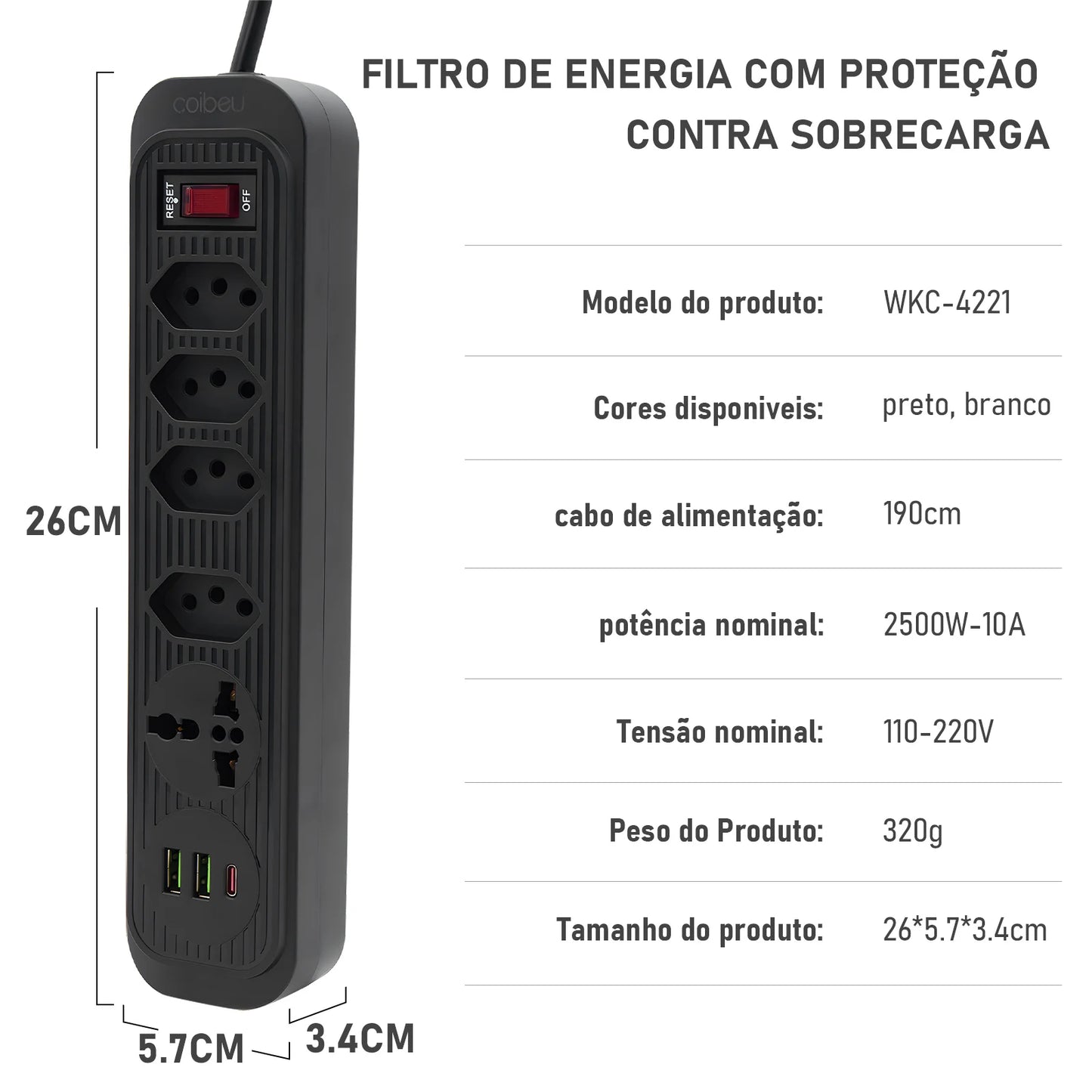 Extensão 4 Tomadas com 3 Portas USB, Cabo 2 Metros, Bivolt 2500W