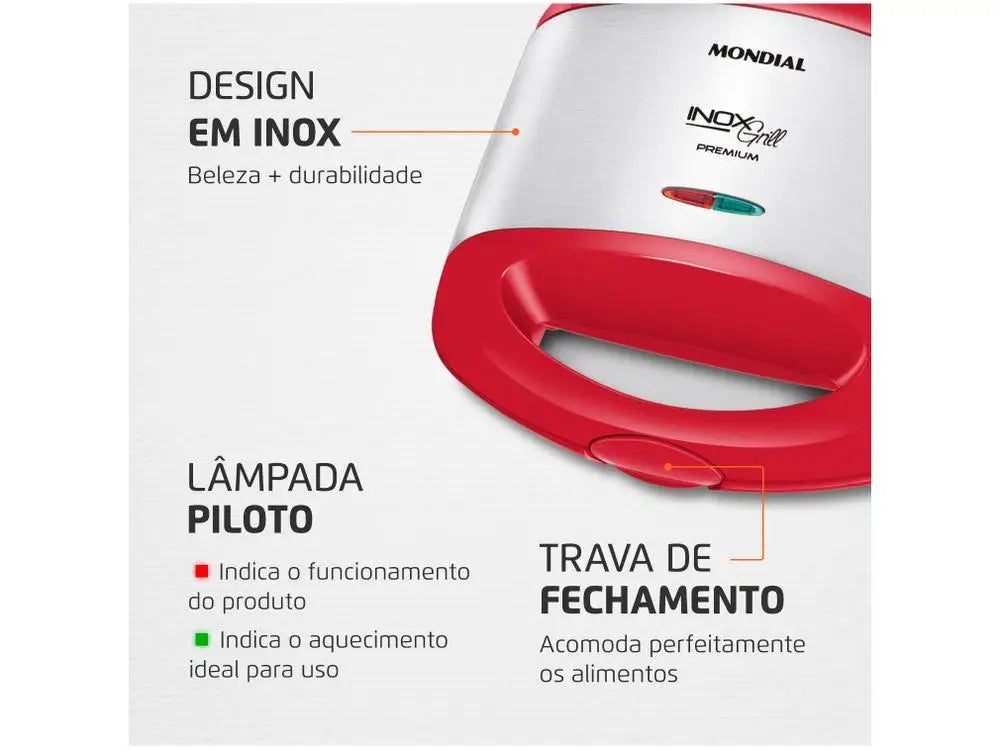 Sanduicheira e Grill 2 em 1 Mondial Premium S-19 – 800W | Vermelha e Inox – 110V