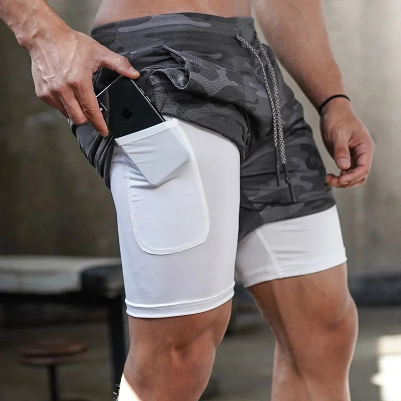 Short Masculino 2 em 1 Esportivo Camuflado, Fitness, Corrida e Academia