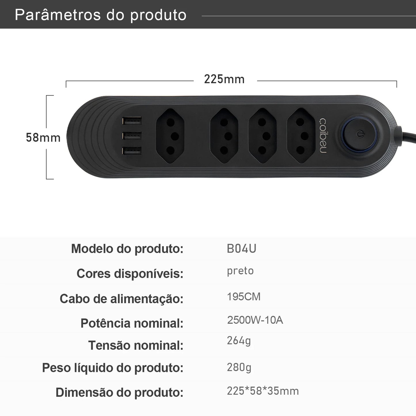 Extensão Elétrica com Plugue Brasileiro COIBEU – 2 Metros, 110-220V, 10A, 2500W com Tomada USB