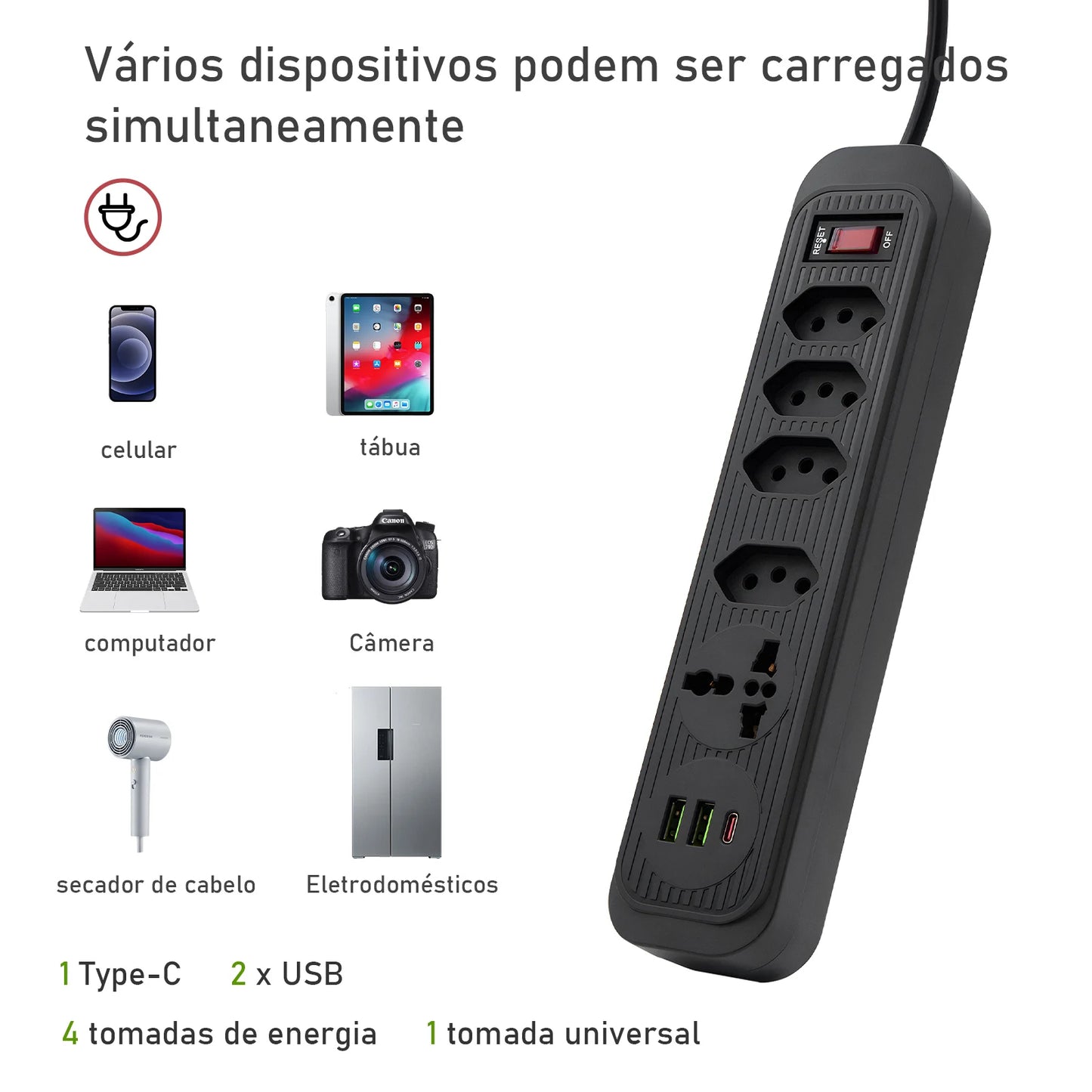 Extensão 4 Tomadas com 3 Portas USB, Cabo 2 Metros, Bivolt 2500W