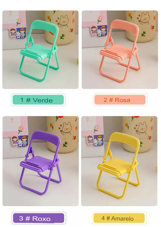 Suporte de Mesa para Celular e Tablet – Mini Cadeira Dobrável e Portátil