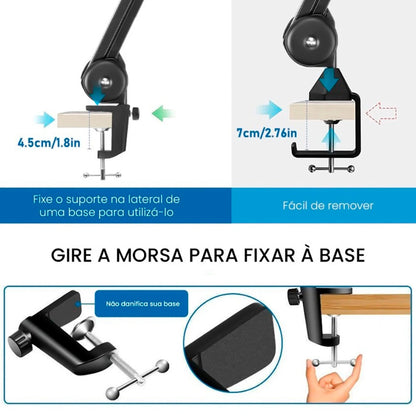 Suporte de Mesa para Microfone com Braço Articulado MB-3012 – Ajustável, Robusto e Versátil