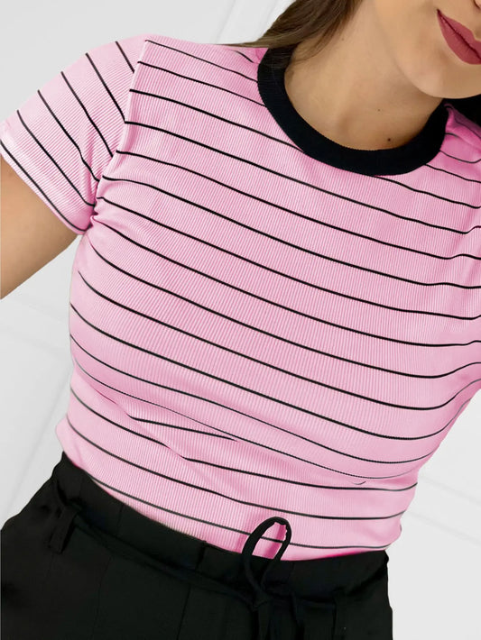 Camiseta Feminina Listrada Ribana – Estilo Casual Moderno – Primavera/Verão