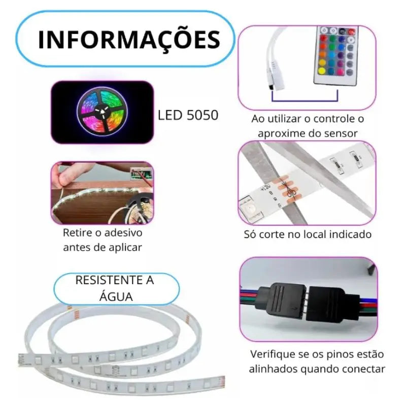 Fita LED RGB 5m com Controle e Fonte (3528W)