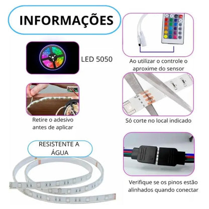 Fita LED RGB 5m com Controle e Fonte (3528W)