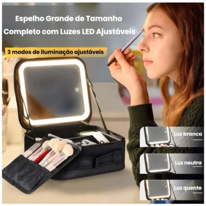 Maleta de Maquiagem Profissional com Espelho e Luz LED USB
