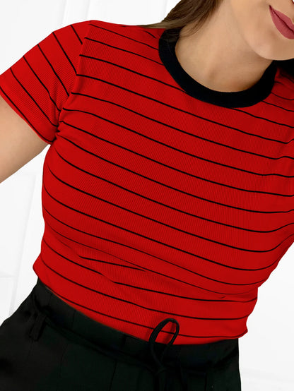 Camiseta Feminina Listrada Ribana – Estilo Casual Moderno – Primavera/Verão