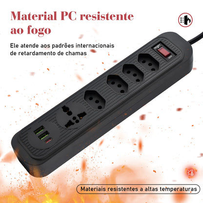 Extensão 4 Tomadas com 3 Portas USB, Cabo 2 Metros, Bivolt 2500W
