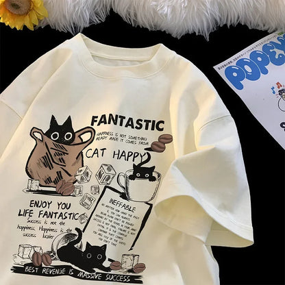 Camiseta Unissex Oversized – Estampa Cartoon Gatos, Manga Curta