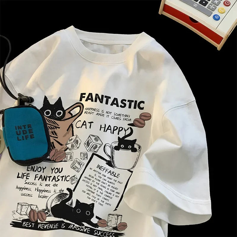 Camiseta Unissex Oversized – Estampa Cartoon Gatos, Manga Curta