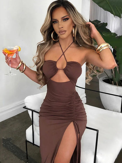 Vestido Midi Sexy Sem Mangas com Decote nas Costas – Slim, Justo ao Corpo