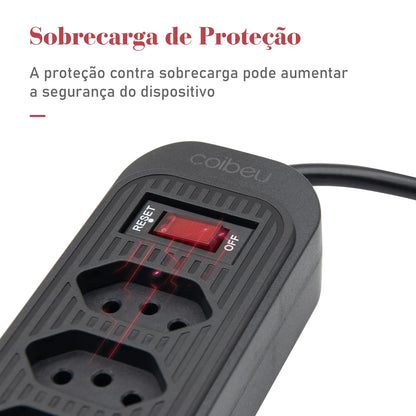 Extensão 4 Tomadas com 3 Portas USB, Cabo 2 Metros, Bivolt 2500W