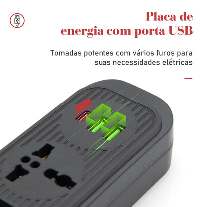 Extensão 4 Tomadas com 3 Portas USB, Cabo 2 Metros, Bivolt 2500W