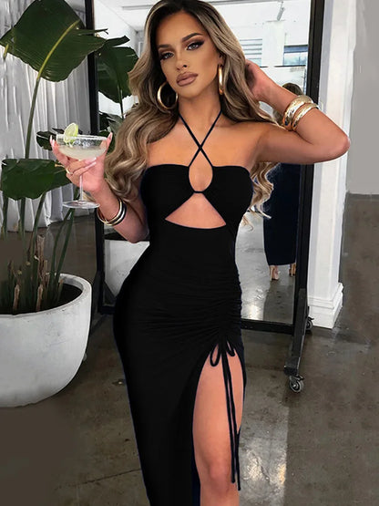 Vestido Midi Sexy Sem Mangas com Decote nas Costas – Slim, Justo ao Corpo