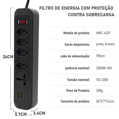 Extensão 4 Tomadas com 3 Portas USB, Cabo 2 Metros, Bivolt 2500W