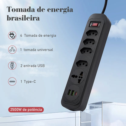 Extensão 4 Tomadas com 3 Portas USB, Cabo 2 Metros, Bivolt 2500W