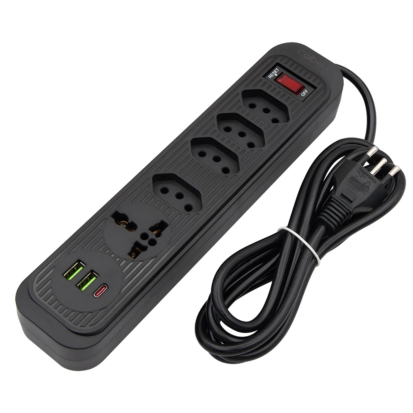 Extensão 4 Tomadas com 3 Portas USB, Cabo 2 Metros, Bivolt 2500W