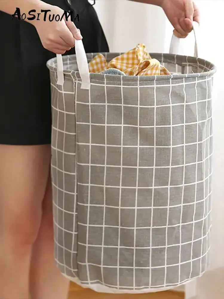 Cesto de Roupa Suja Dobrável em Algodão e Linho – Grande Capacidade