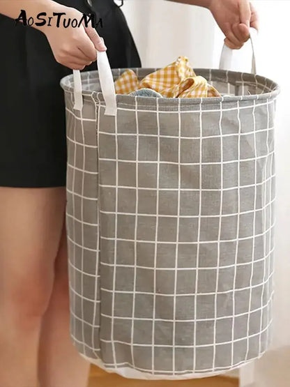 Cesto de Roupa Suja Dobrável em Algodão e Linho – Grande Capacidade