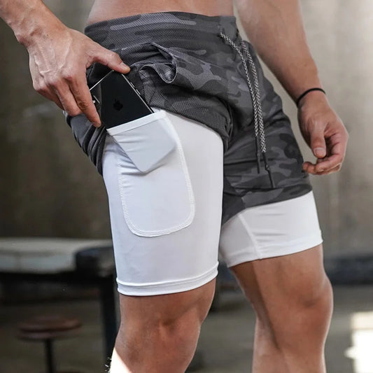 Short Masculino 2 em 1 Esportivo Camuflado, Fitness, Corrida e Academia