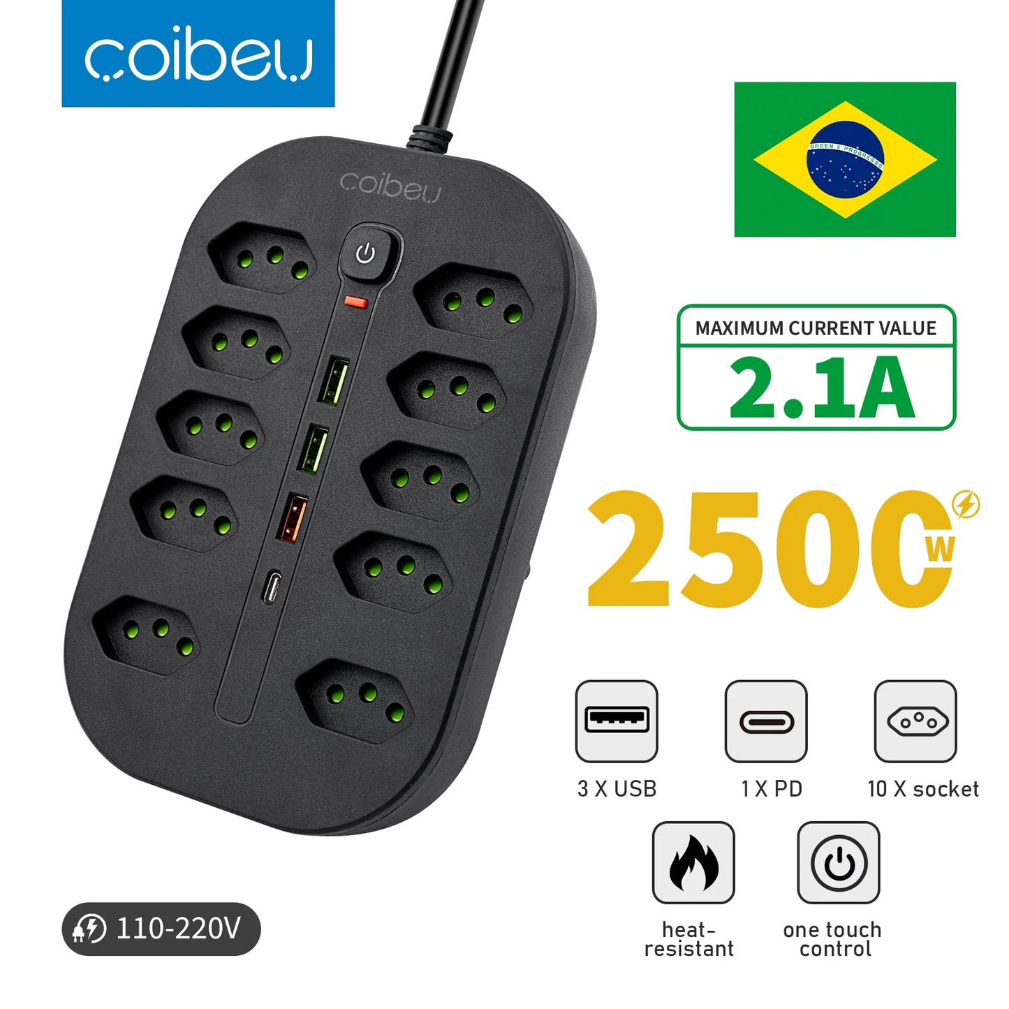 Extensão Elétrica COIBEU com Chave Geral e Proteção contra Sobrecarga – 2m (Plugue Europeu)