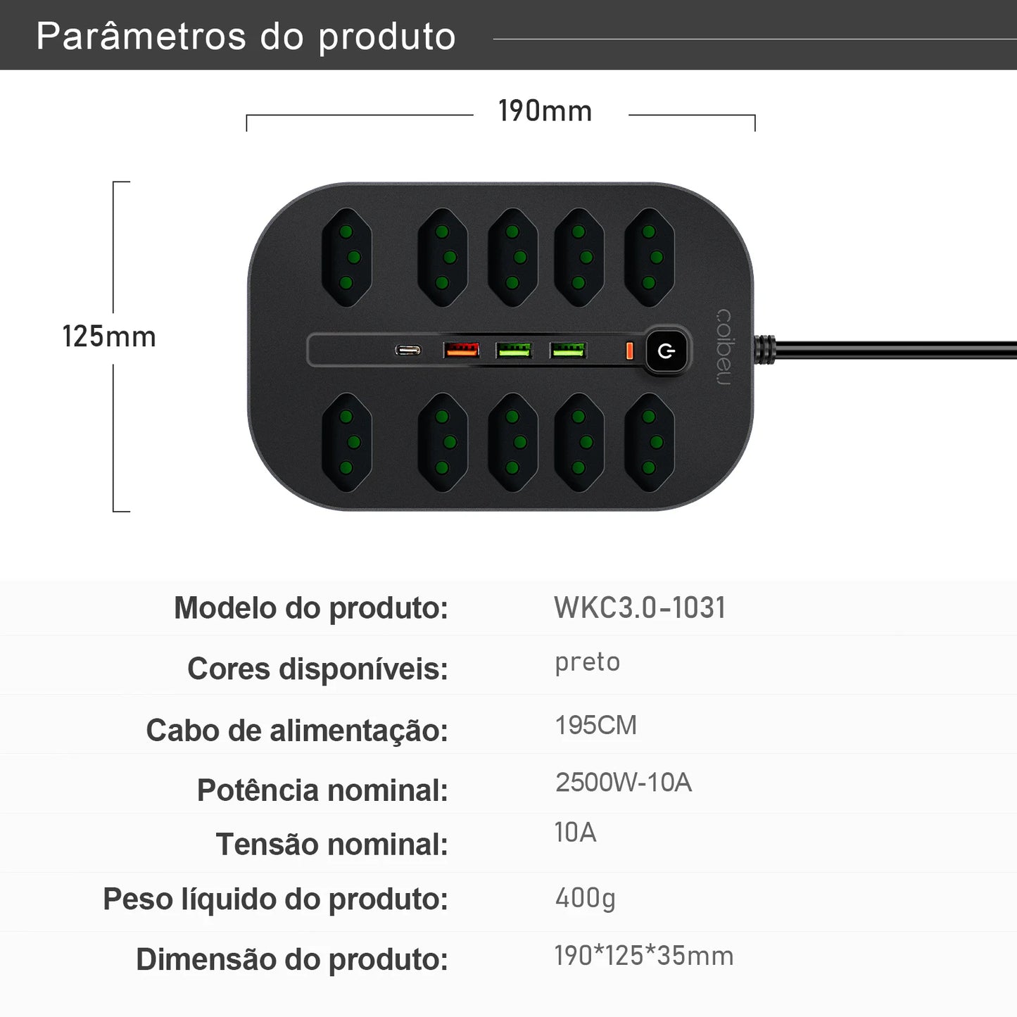 Extensão Elétrica COIBEU com Chave Geral e Proteção contra Sobrecarga – 2m (Plugue Europeu)