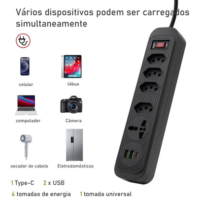 Extensão 4 Tomadas com 3 Portas USB, Cabo 2 Metros, Bivolt 2500W