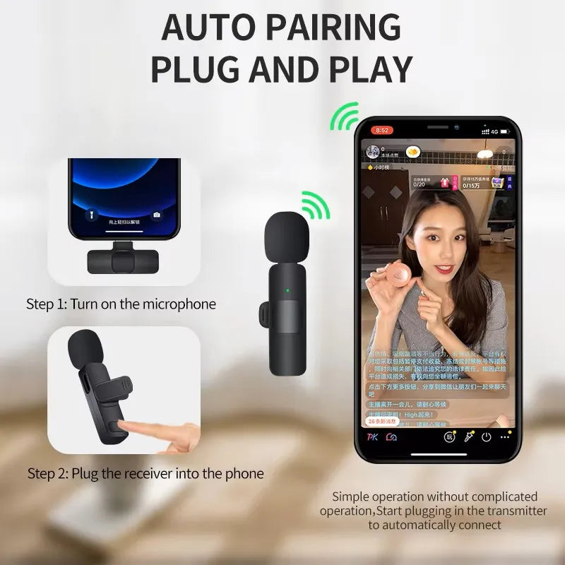 Microfone de lapela sem fio com cancelamento de ruído para streaming
