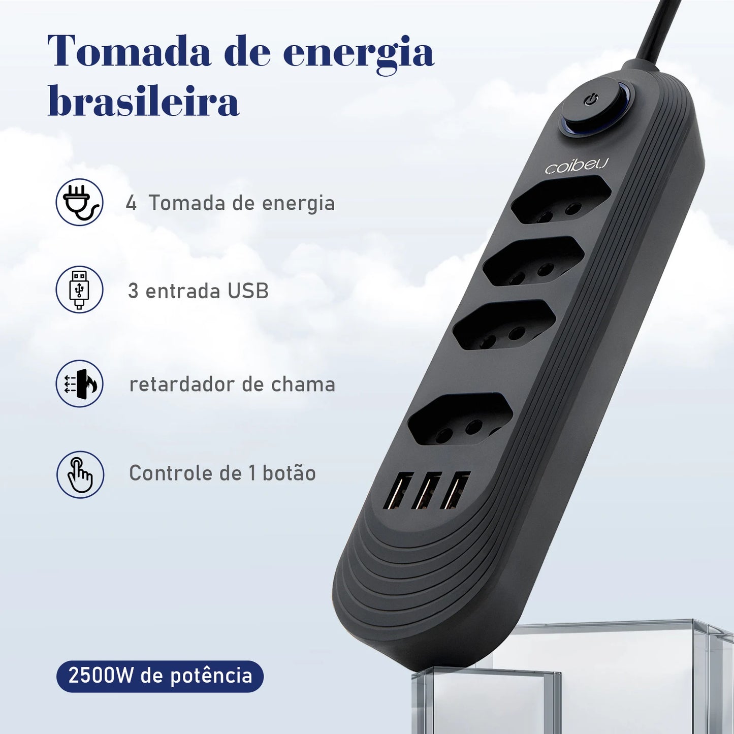 Extensão Elétrica com Plugue Brasileiro COIBEU – 2 Metros, 110-220V, 10A, 2500W com Tomada USB