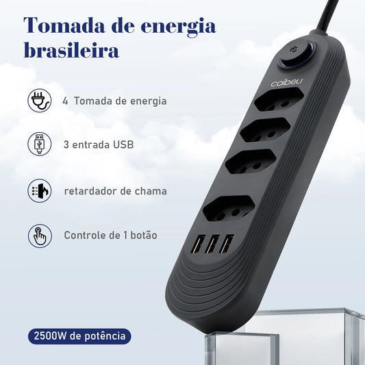 Extensão Elétrica com Plugue Brasileiro COIBEU – 2 Metros, 110-220V, 10A, 2500W com Tomada USB