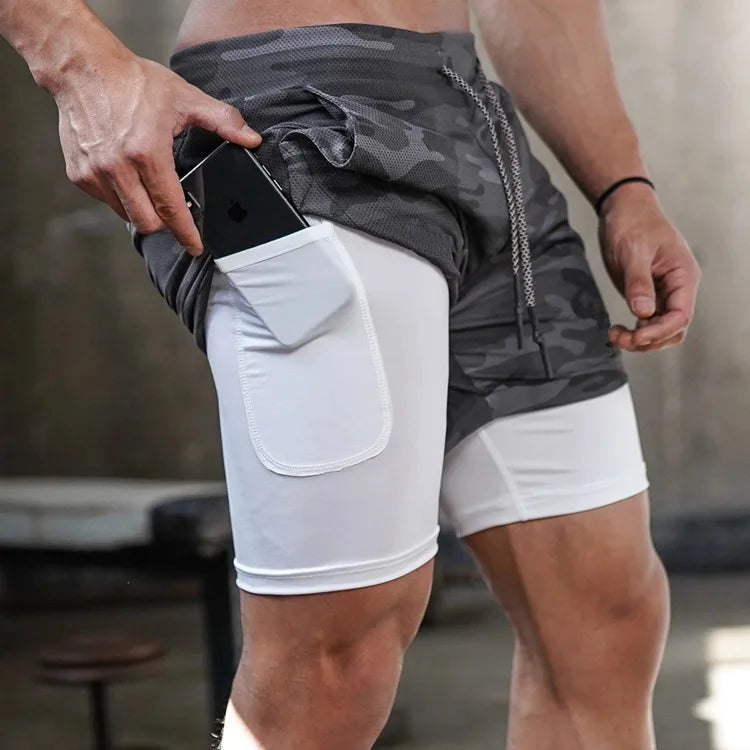 Short Masculino 2 em 1 Esportivo Camuflado, Fitness, Corrida e Academia