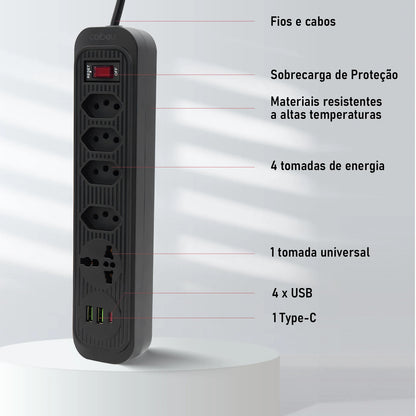 Extensão 4 Tomadas com 3 Portas USB, Cabo 2 Metros, Bivolt 2500W