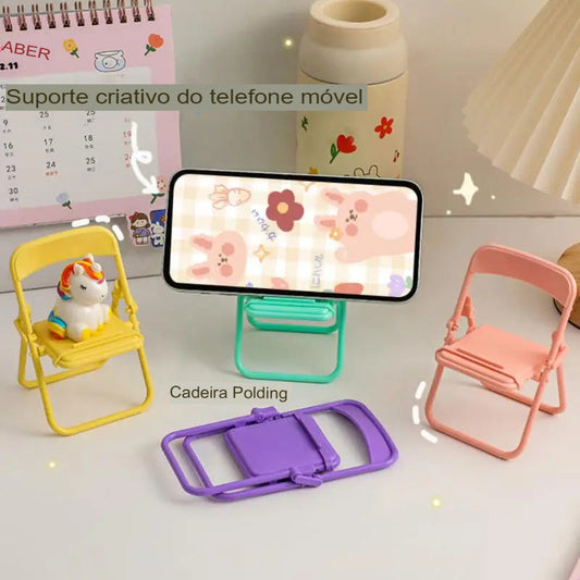 Suporte de Mesa para Celular e Tablet – Mini Cadeira Dobrável e Portátil